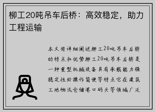 柳工20吨吊车后桥：高效稳定，助力工程运输
