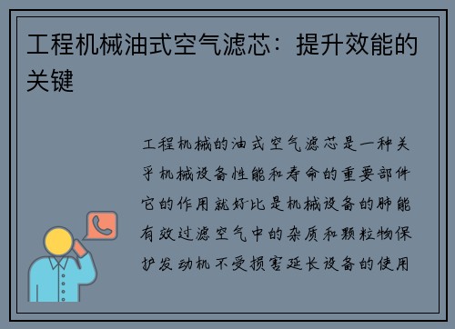 工程机械油式空气滤芯：提升效能的关键